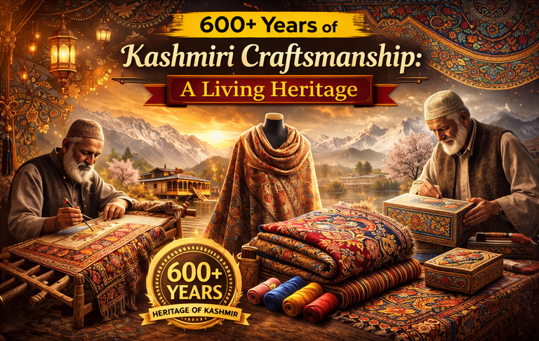 Infographic showing 600+ years of Kashmiri craftsmanship with artisans creating traditional textiles and handicrafts.