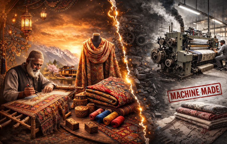 Close-up of a Kashmiri artisan hand-stitching intricate embroidery on traditional fabric with colorful threads and tools on a table.