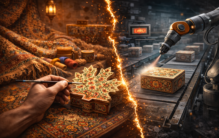 Split image showing handmade Kashmiri box being painted by an artisan on one side and a robotic machine producing boxes on a factory line on the other.