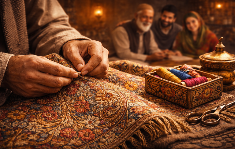 Kashmiri artisan stitching detailed embroidery on traditional fabric with colorful threads and tools nearby.