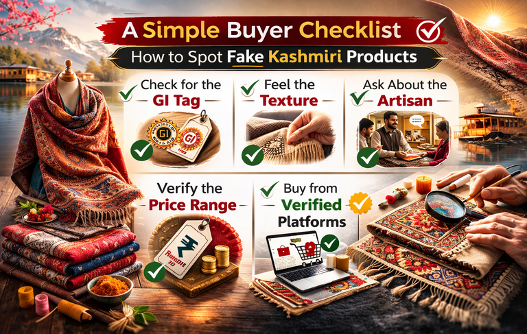 Infographic showing a buyer checklist to identify fake Kashmiri products, including GI tag, texture check, artisan verification, price range, and verified platforms