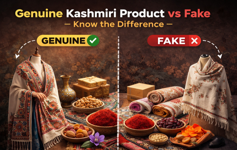 Comparison of genuine Kashmiri product vs fake shawl showing authentic embroidery and traditional items on one side and imitation shawl on the other