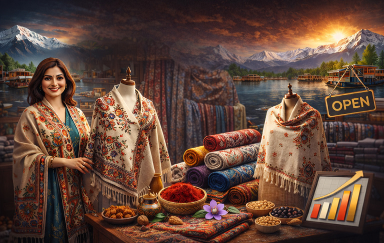 Kashmiri shawls and handicrafts display with a woman showcasing traditional embroidery, scenic Kashmir mountains and lake in the background.