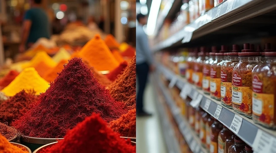 Loose saffron in spice market and packaged saffron jars on supermarket shelf