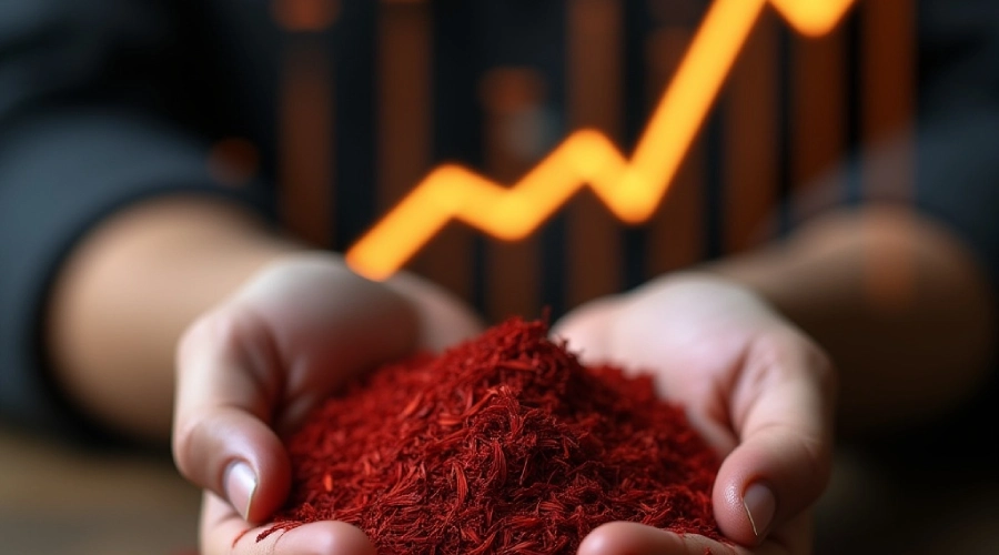 Hands holding premium Kashmiri saffron with rising demand graph in background