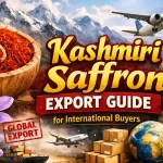 Kashmiri saffron export guide with saffron threads, flowers, cargo ship, airplane, and globe