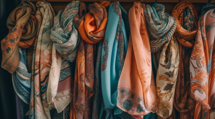 Colorful Pashmina shawls with traditional patterns displayed on a rack.