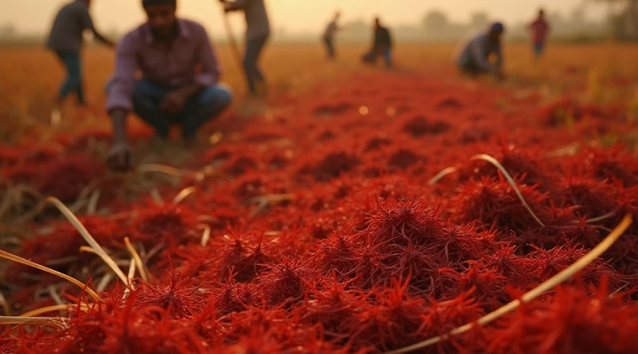 Farmers harvesting Kashmiri saffron threads in a field at sunrise