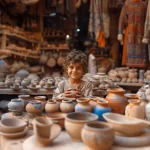 Young artisan surrounded by handmade clay pottery in traditional craft market